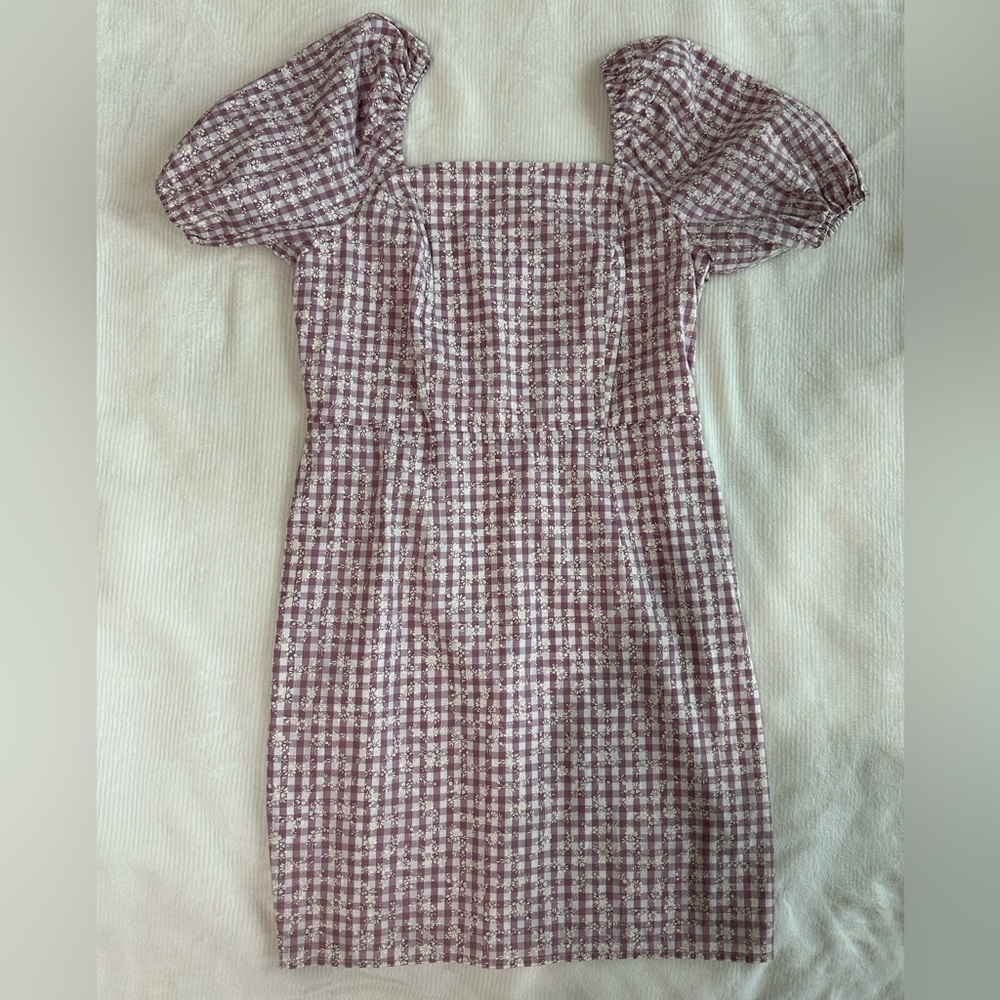 LOFT Mauve and White Gingham Puff Sleeve Mini Dress